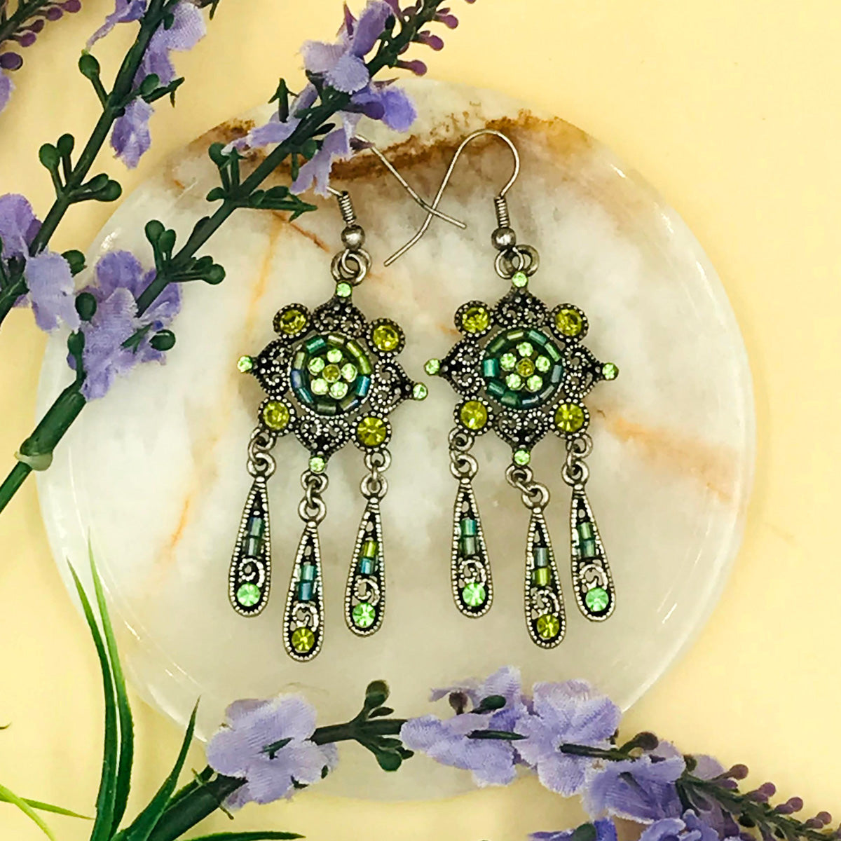 Green Drop Dangles Oxidised Earrings - Main Image