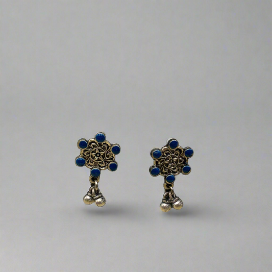 Blue Silver Plated Floral Oxidised Earrings