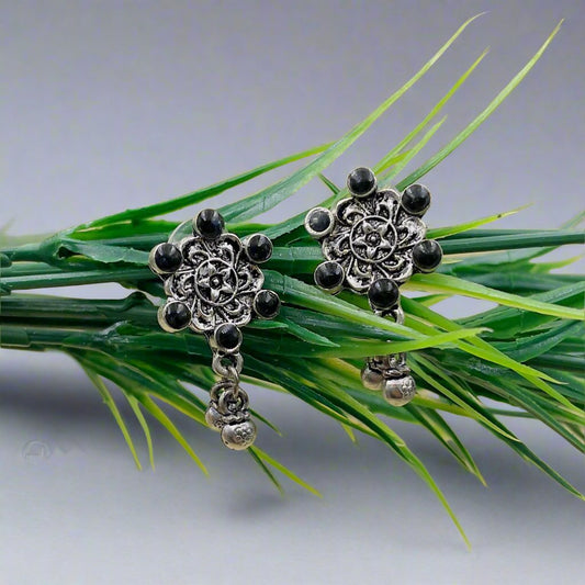 Black Silver Plated Floral Oxidised Earrings