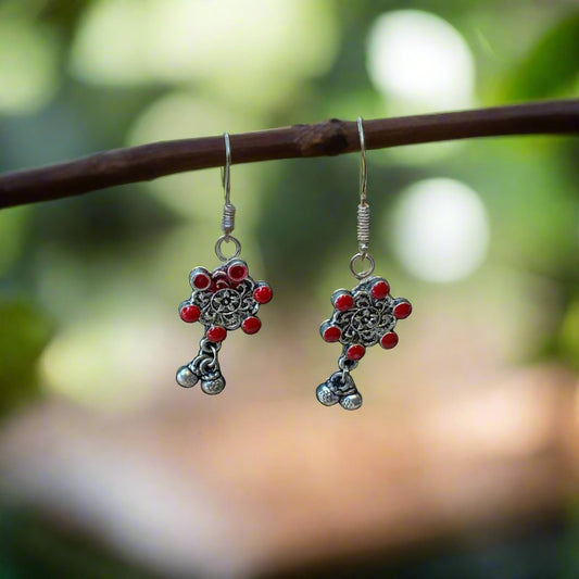 Red Silver Plated Floral Oxidised Earrings