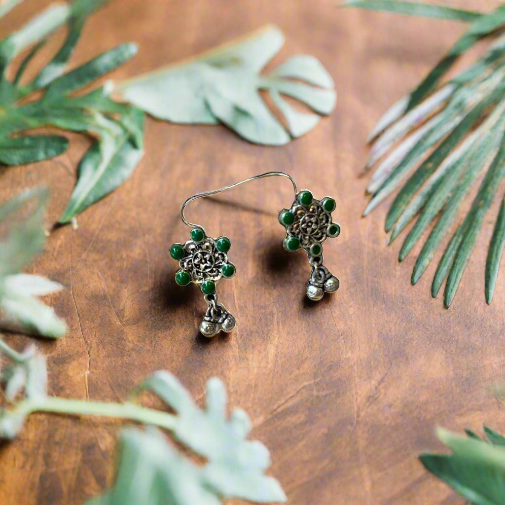 Green Silver Plated Floral Oxidised Earrings