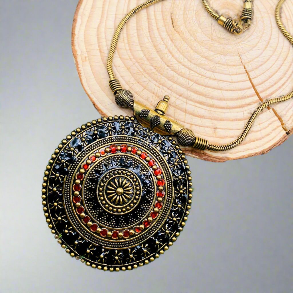 Round Gilet Metal Oxidised Pendant Necklace