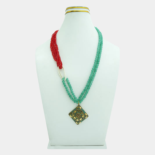 Turquoise Green And Red Multi Strand Mala