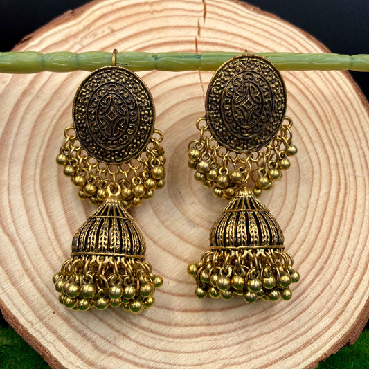 Golden Oxidised Jhumka Earrings