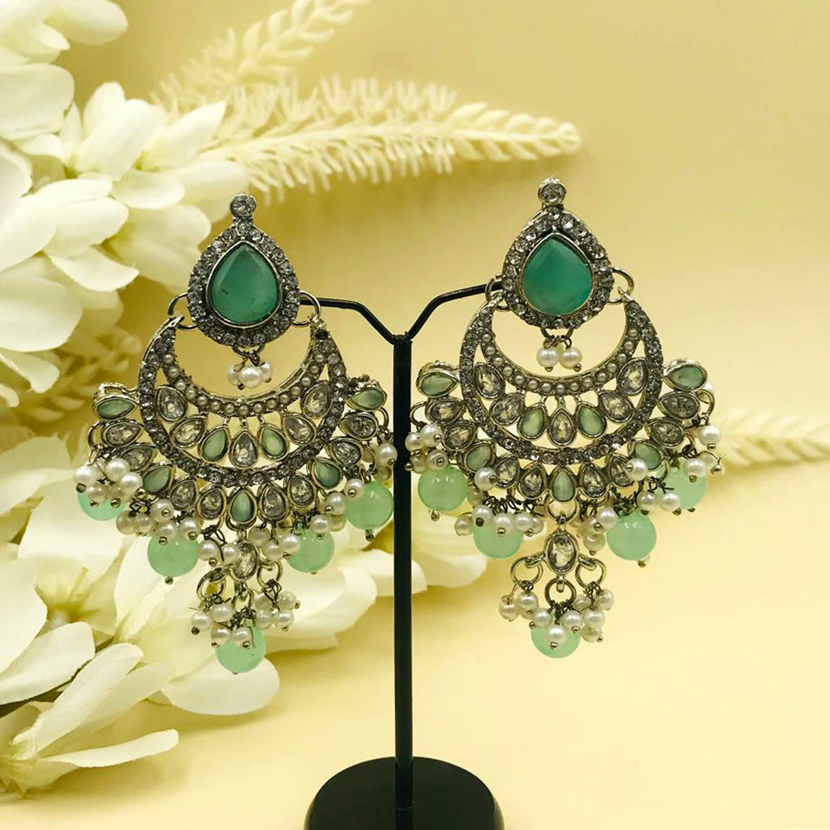 Lime Green Zircon Chand Bali Earrings