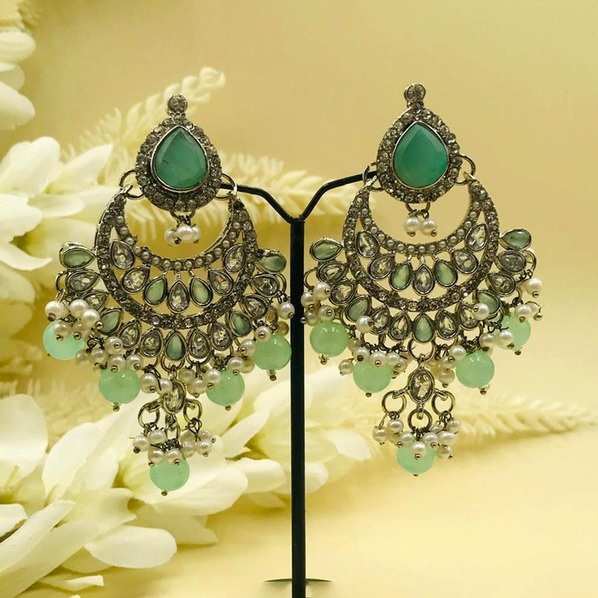 Lime Green Zircon Chand Bali Earrings