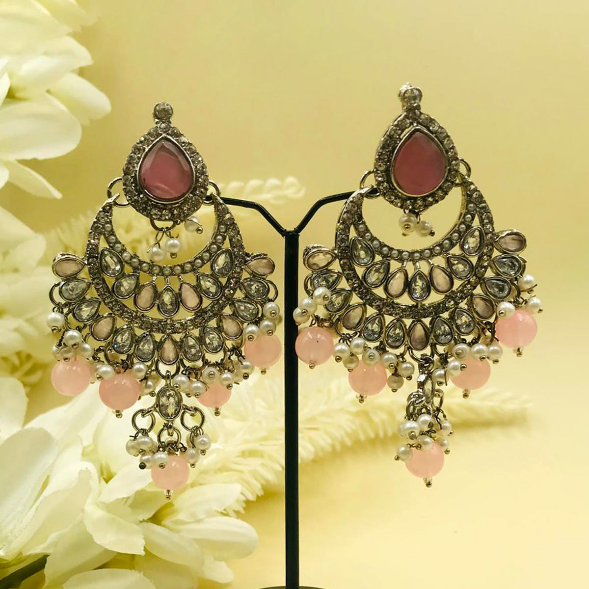 Pink Zircon Chand Bali Earrings