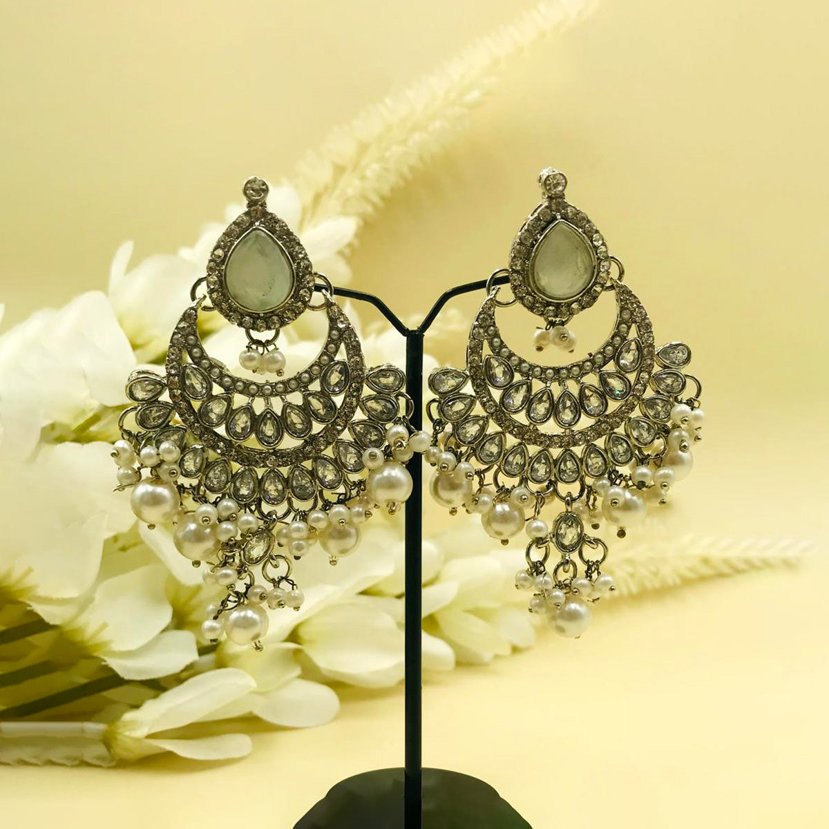 Pearl White Zircon Chand Bali Earrings