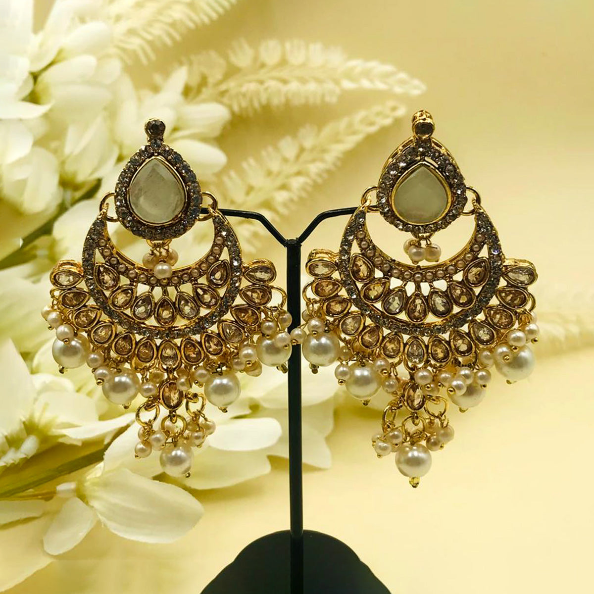 Beige Zircon Chand Bali Earrings