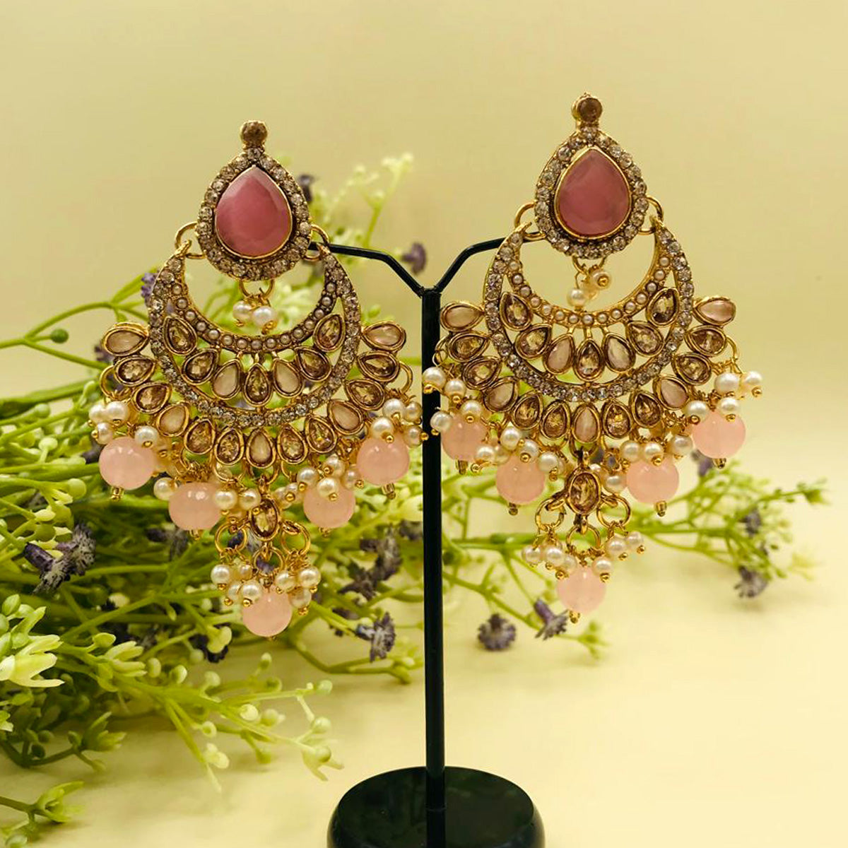 Baby Pink Zircon Chand Bali Earrings