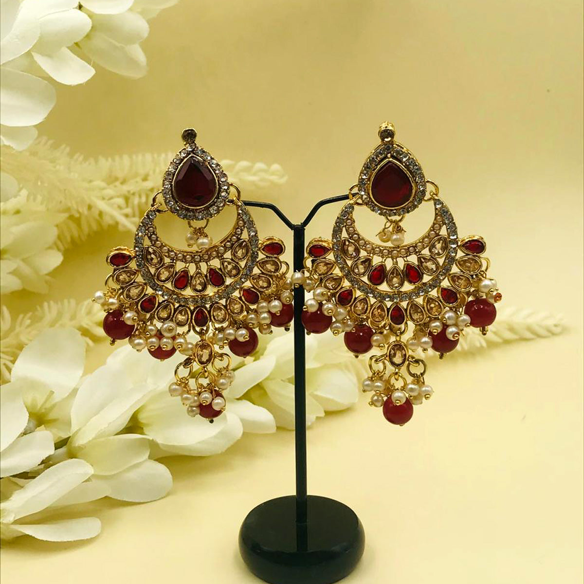 Red Zircon Chand Bali Earrings