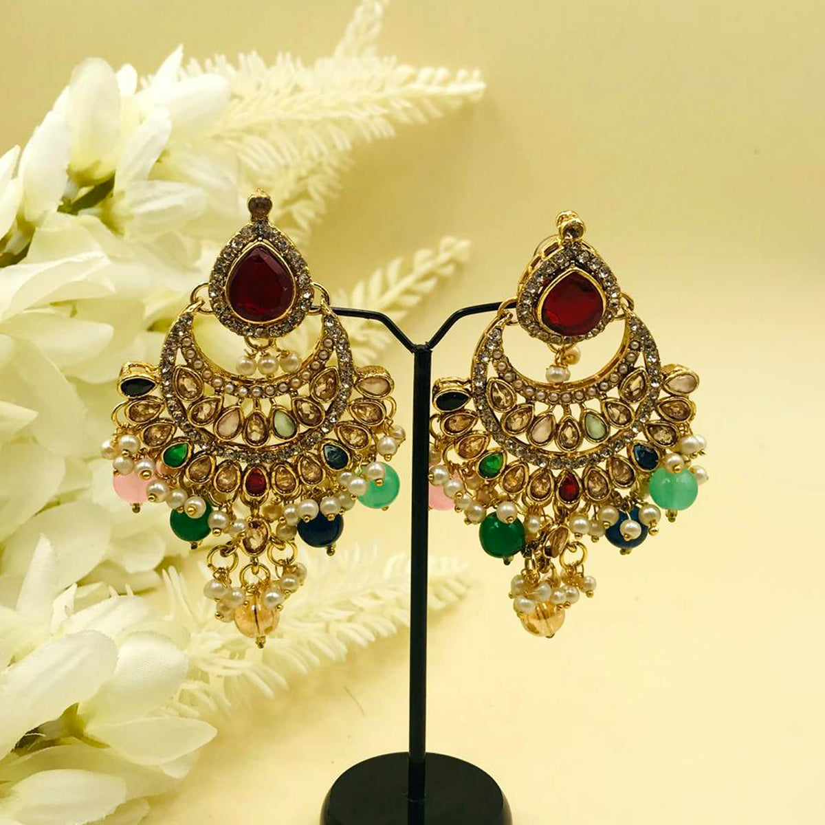 Multi Color Zircon Chand Bali Earrings