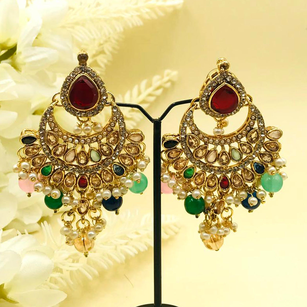 Multi Color Zircon Chand Bali Earrings