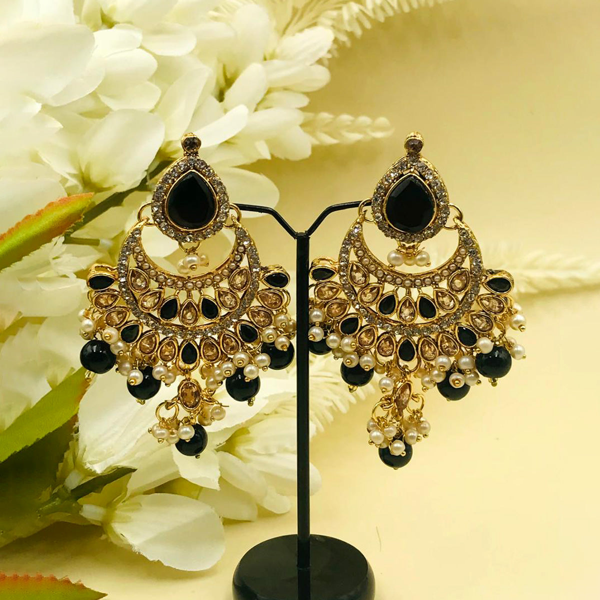 Black Zircon Chand Bali Earrings