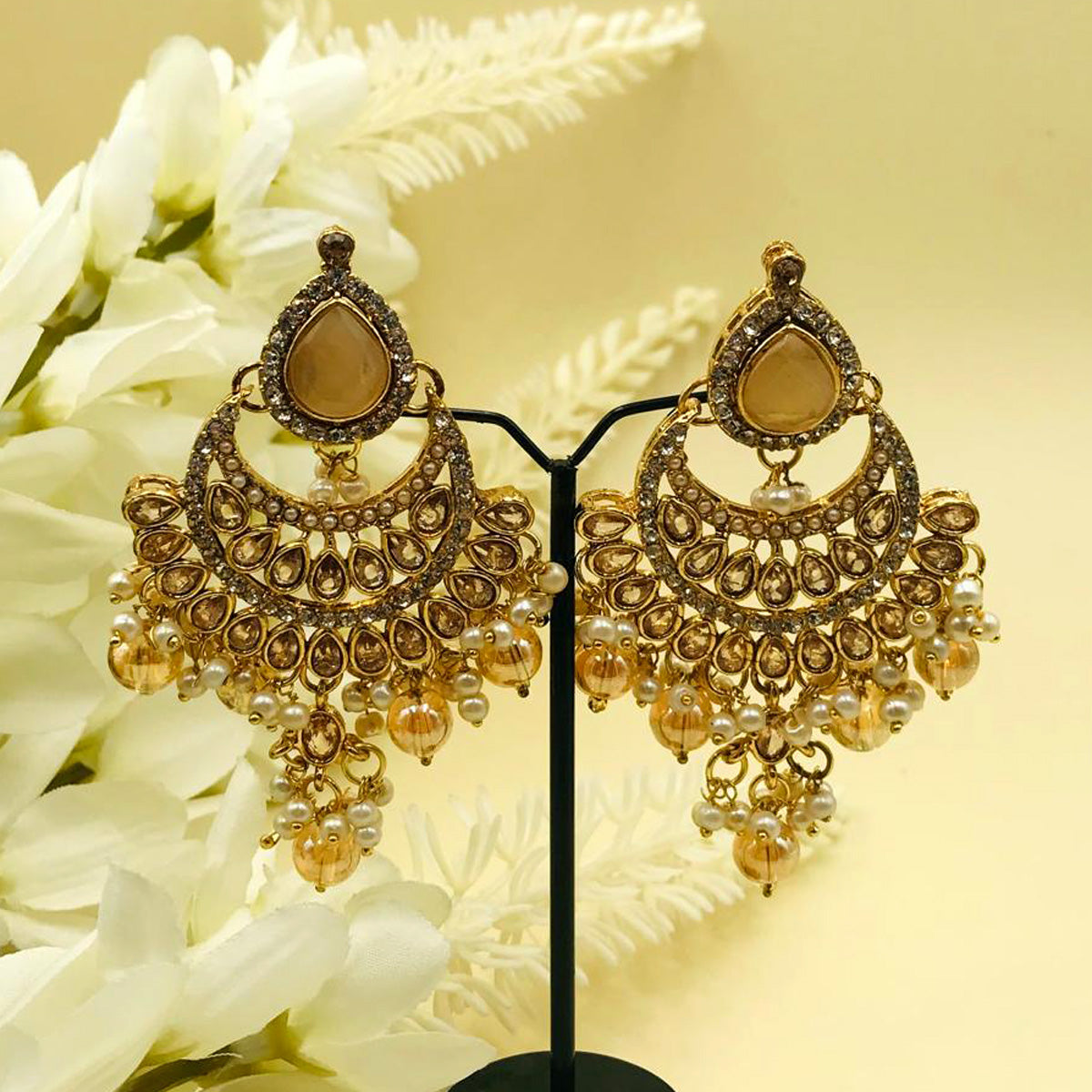 Peach Zircon Chand Bali Earrings