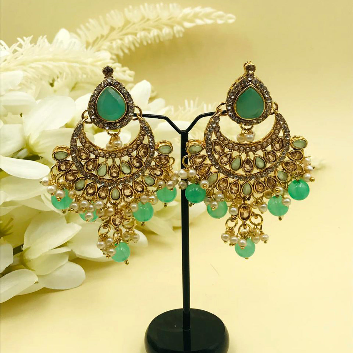 Mint Green Zircon Chand Bali Earrings