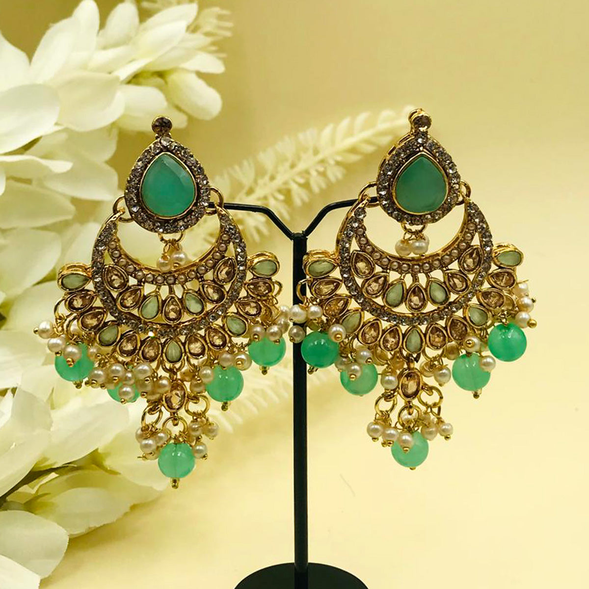 Mint Green Zircon Chand Bali Earrings