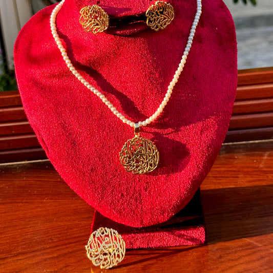 Calligraphy Pearl Chain, Earrings & Ring Set