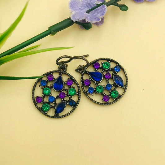 Multi Round Stones Oxidised Earrings