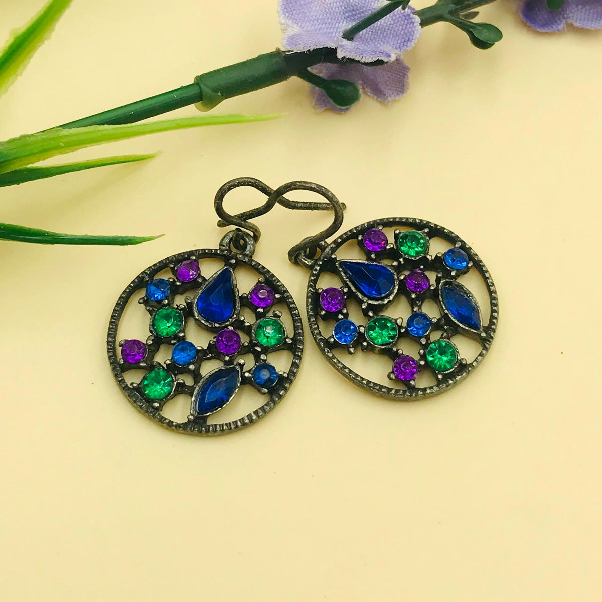 Multi Round Stones Oxidised Earrings