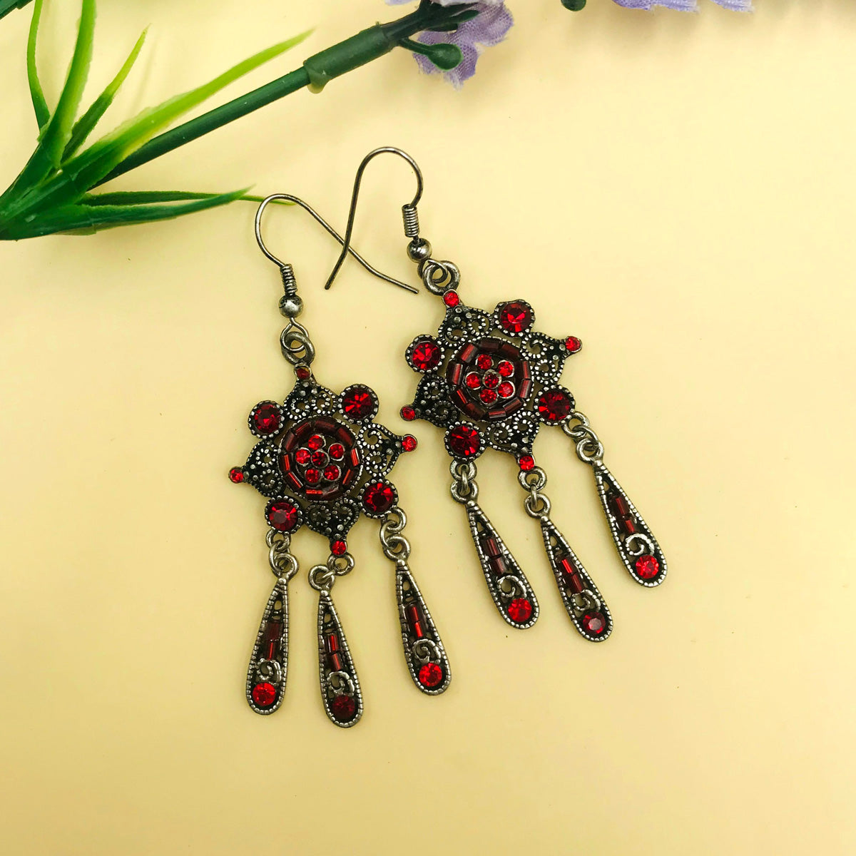 Red Drop Dangles Oxidised Earrings