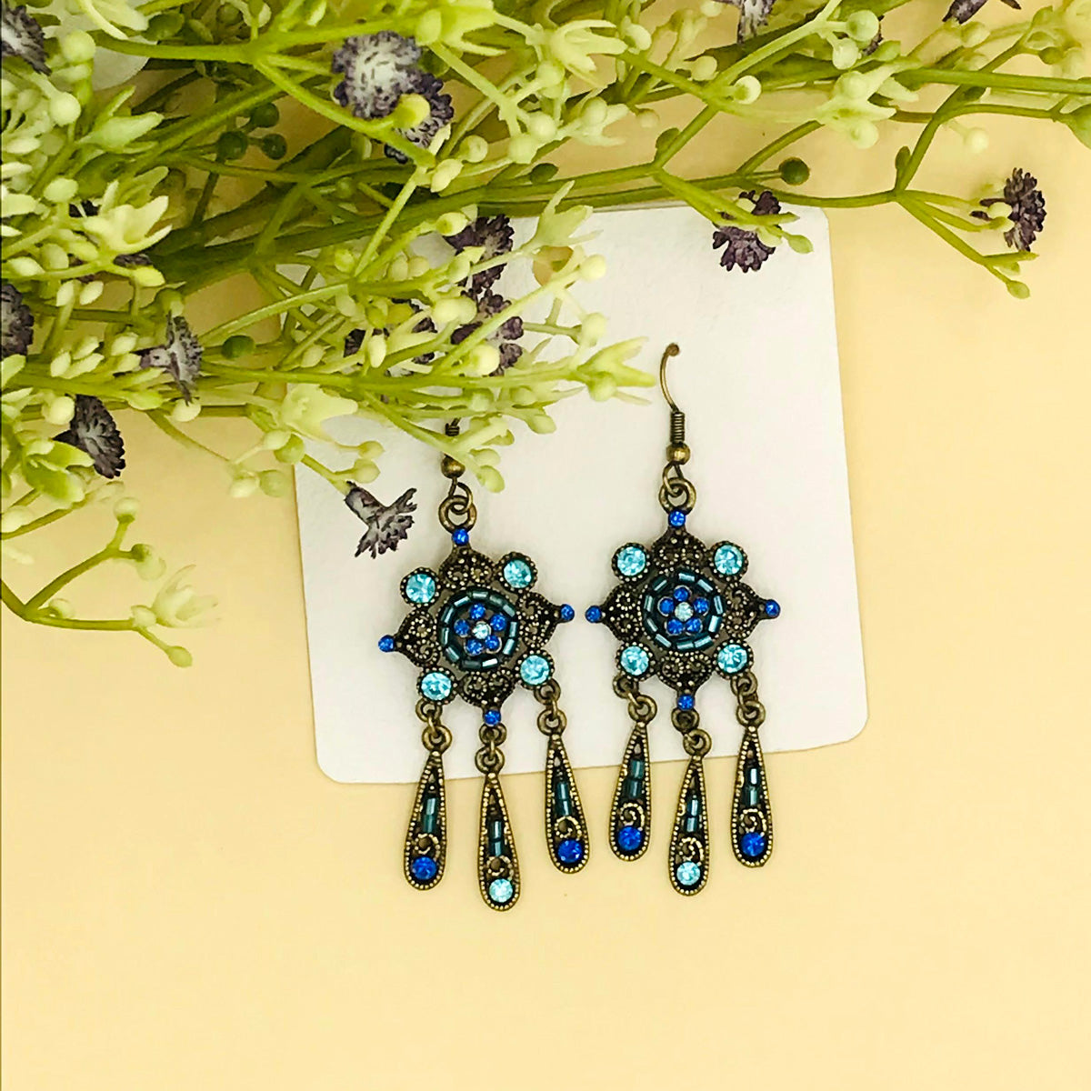 Aqua Blue Drop Dangles Oxidised Earrings