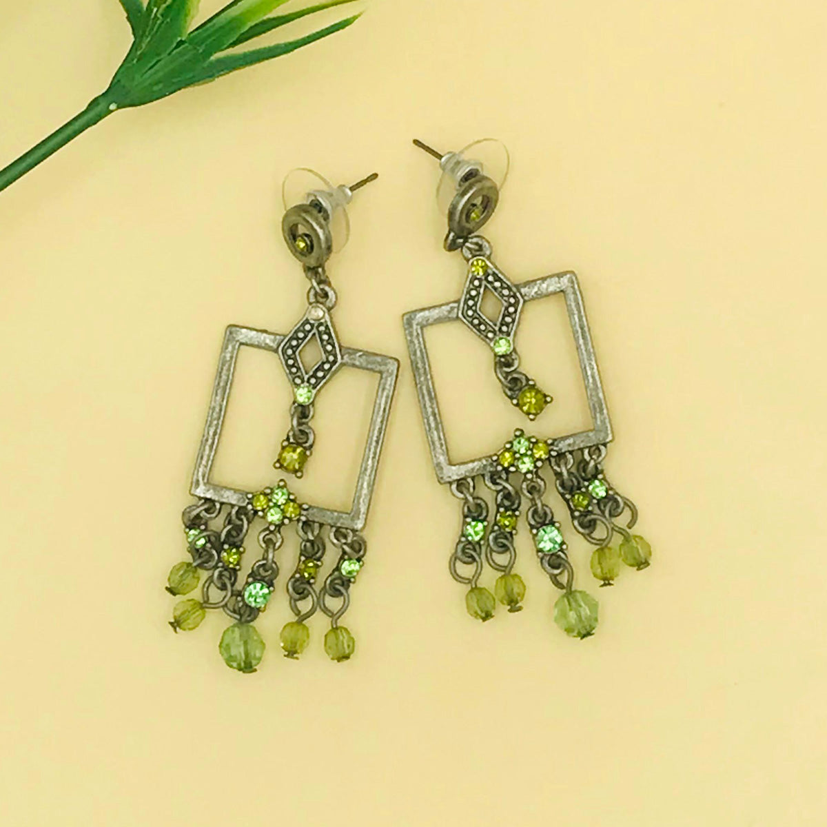 Green Drop Duster Oxidised Earrings