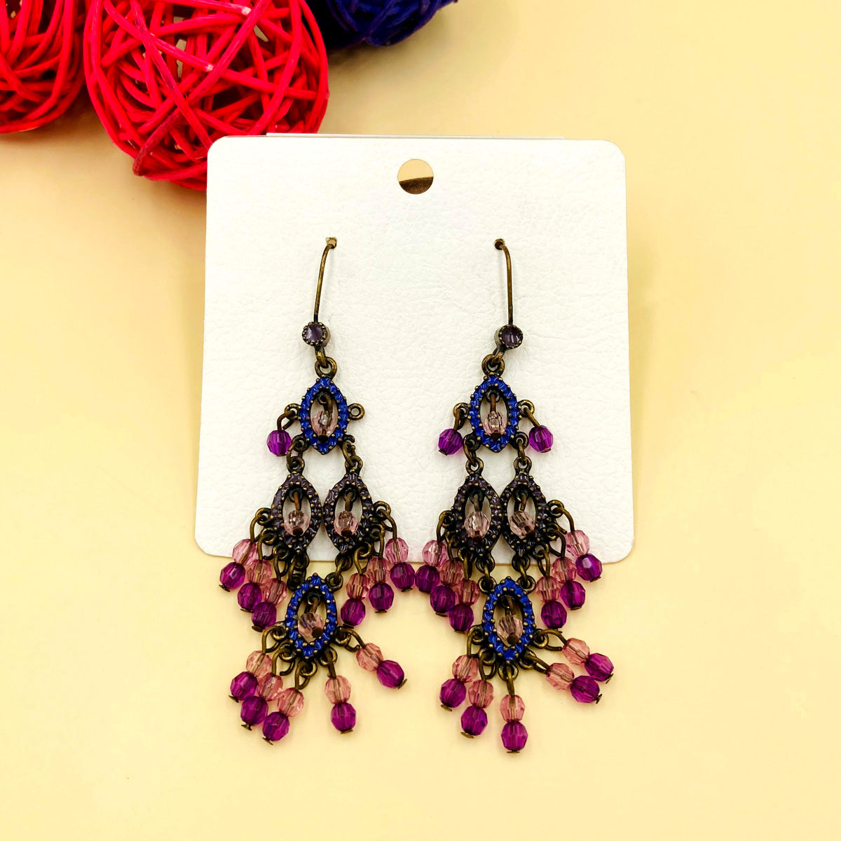 Purple Stones Chandelier Oxidised Earrings