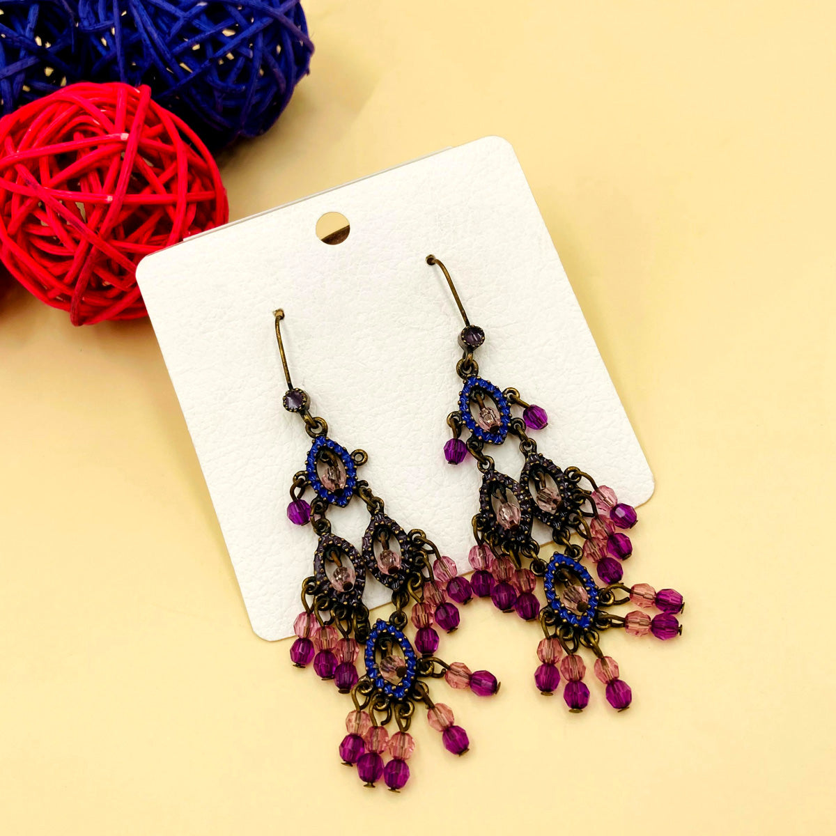 Purple Stones Chandelier Oxidised Earrings