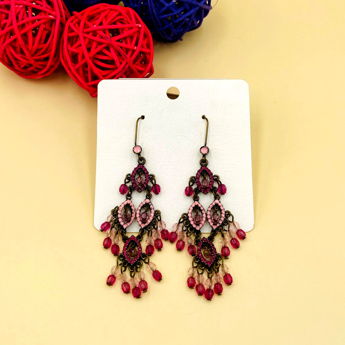 Pink Stones Chandelier Oxidised Earrings