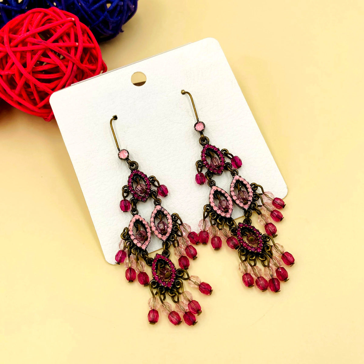 Pink Stones Chandelier Oxidised Earrings