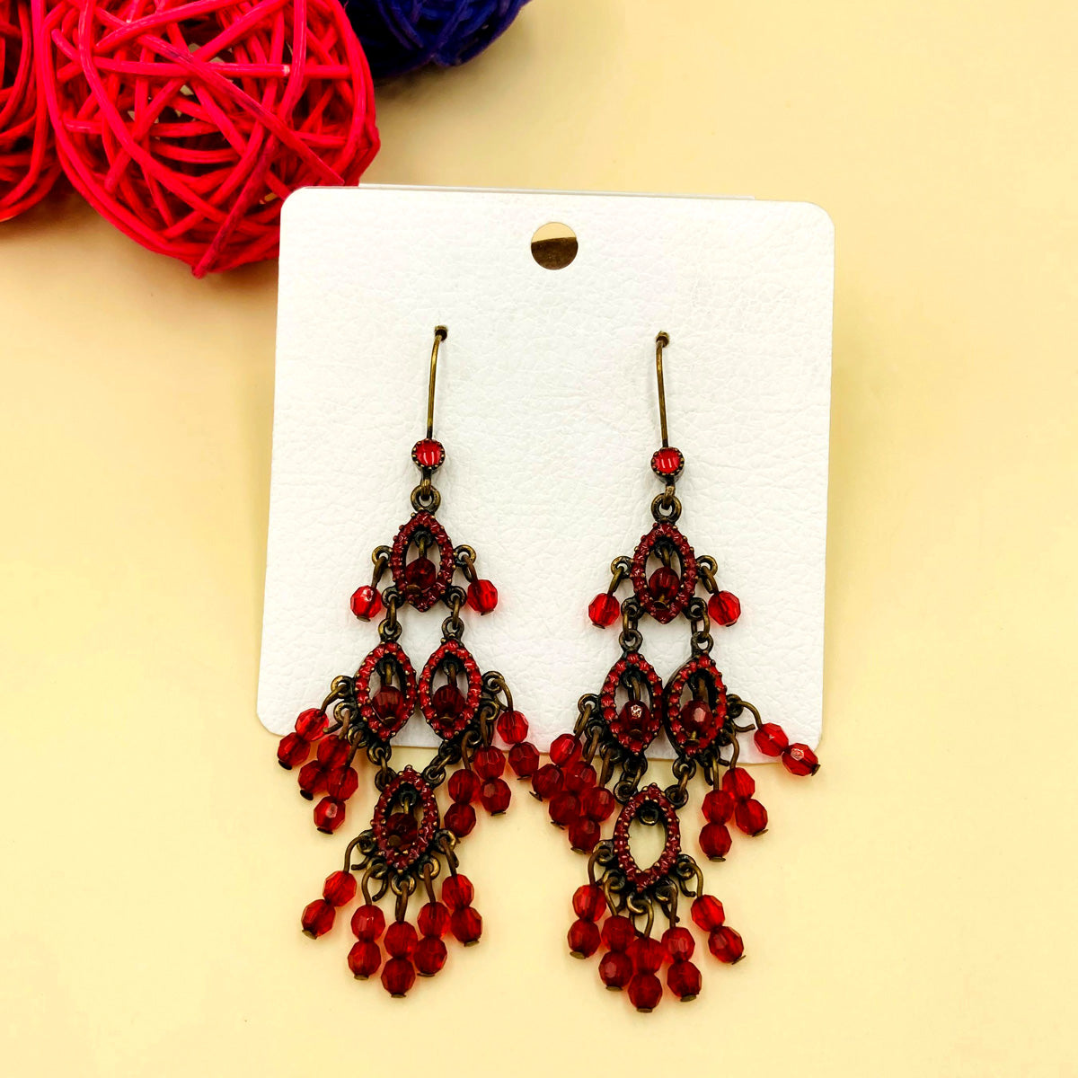 Red Stones Chandelier Oxidised Earrings