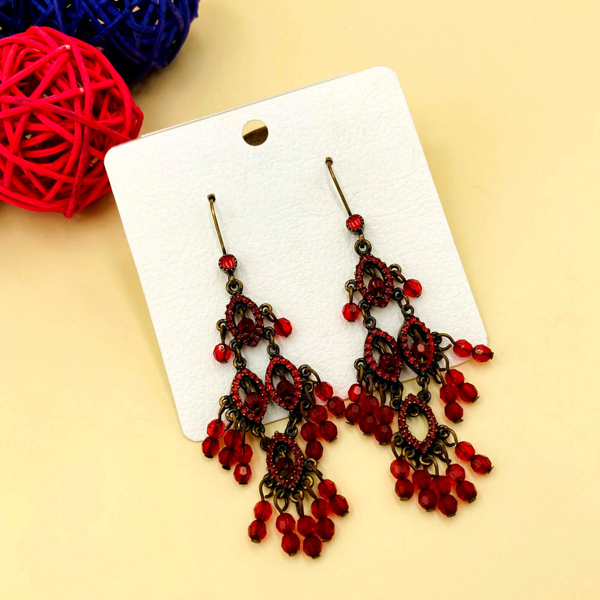 Red Stones Chandelier Oxidised Earrings