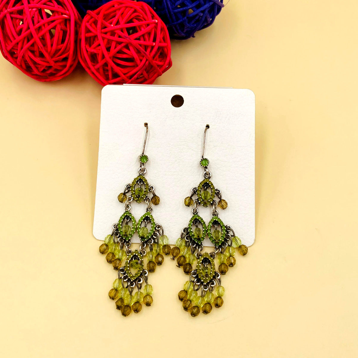 Green Stones Chandelier Oxidised Earrings