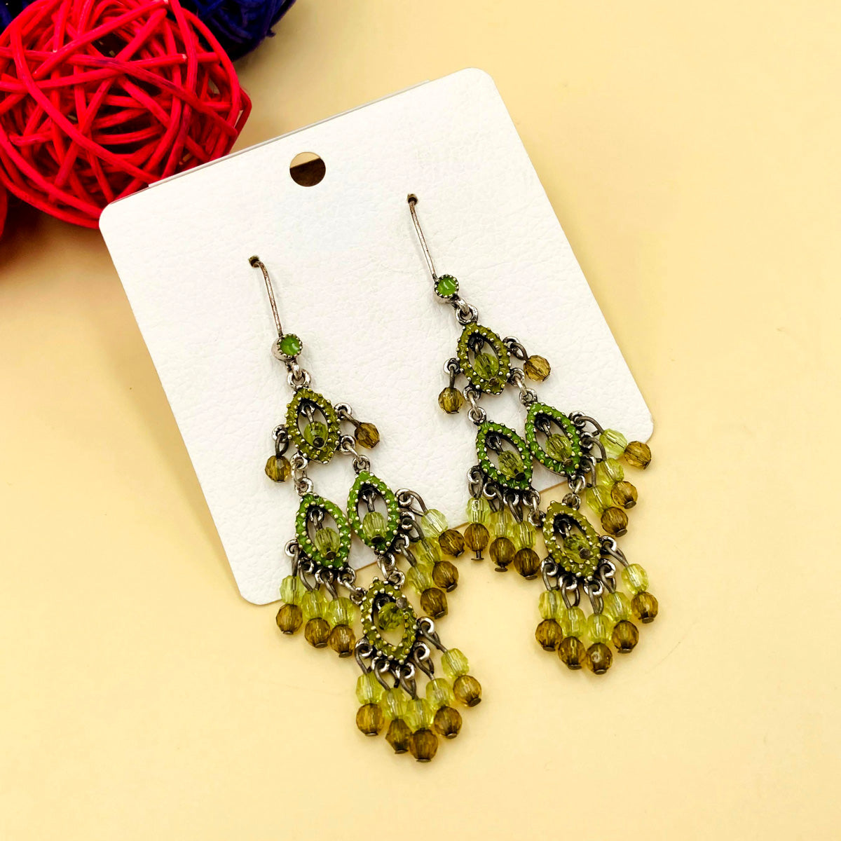 Green Stones Chandelier Oxidised Earrings