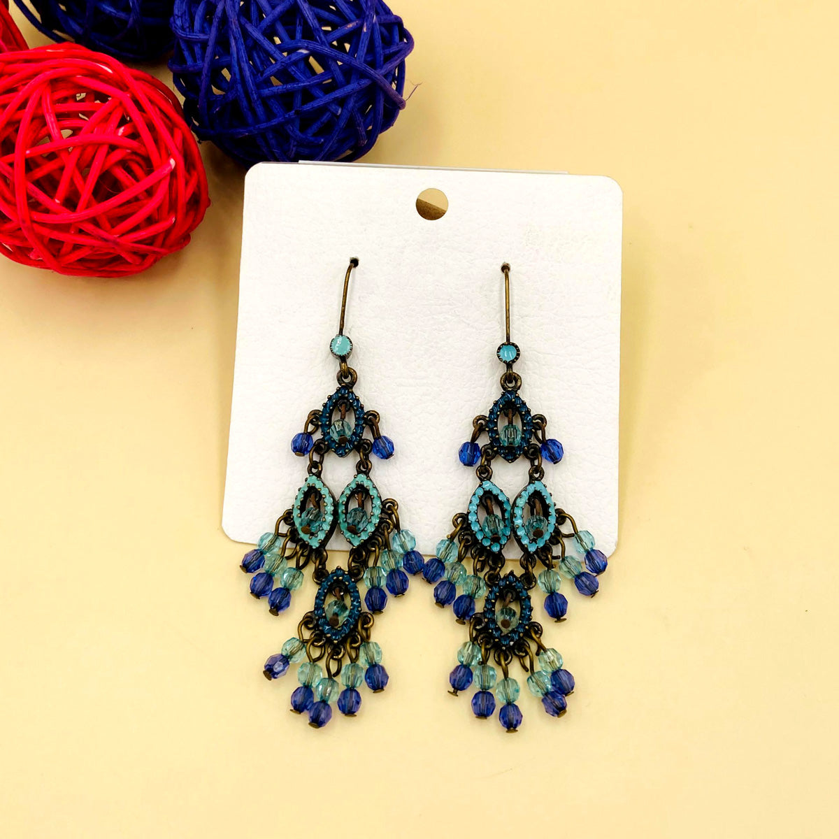 Blue Stones Chandelier Oxidised Earrings