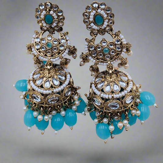 Turquoise Premium Furshi Kundan Jhumka Earrings