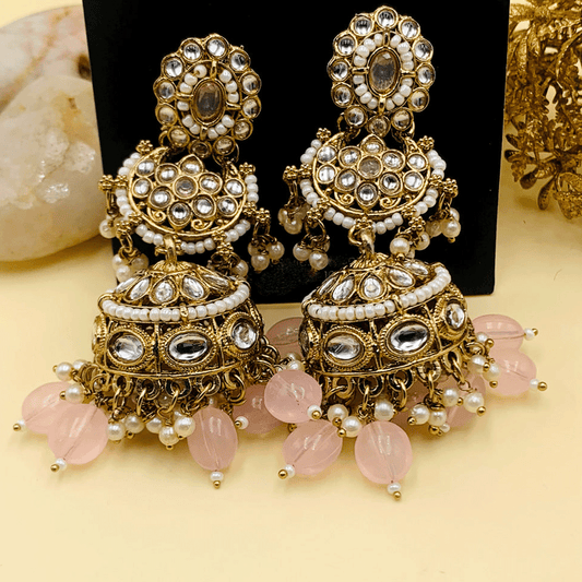 Pink Premium Furshi Kundan Jhumka Earrings