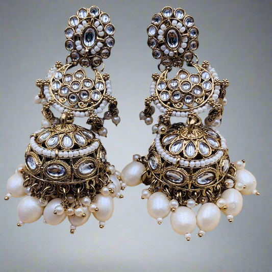 White Premium Furshi Kundan Jhumka Earrings