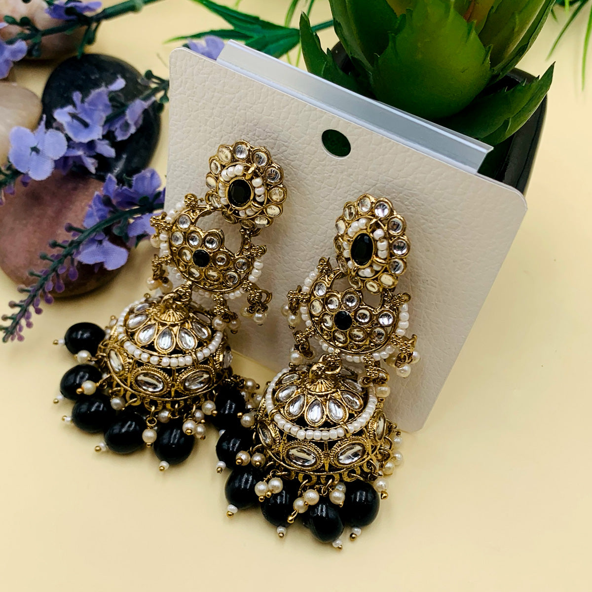 Black Premium Furshi Kundan Jhumka Earrings