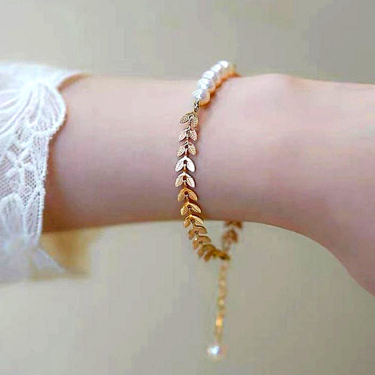 Decorated Leaves & Pearls Golden Bracelet