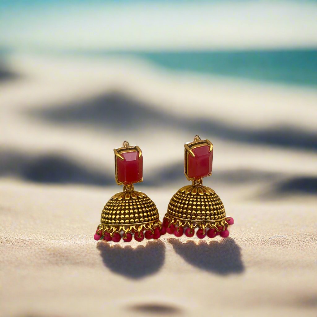 Pink Stone Jhumka Earrings