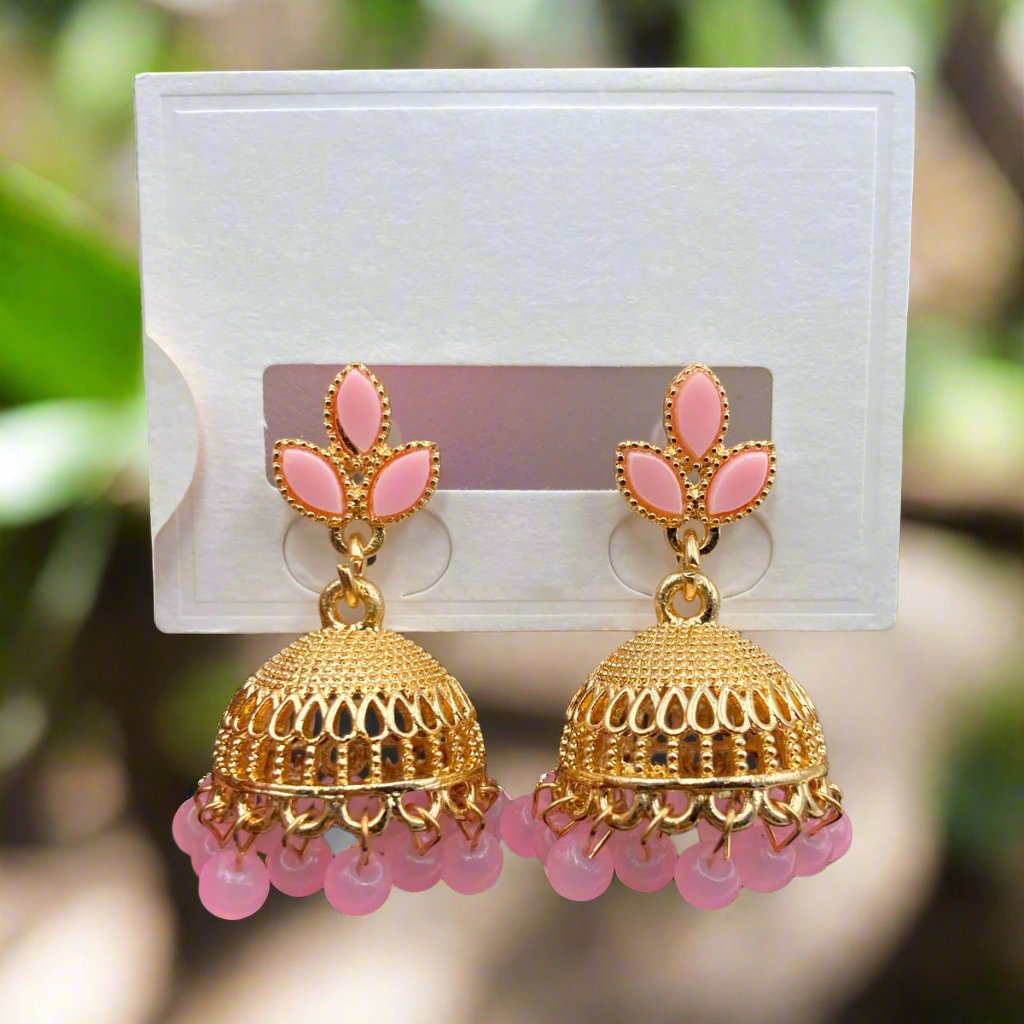 Pink Floral Zircon Pearl Jhumka Earrings