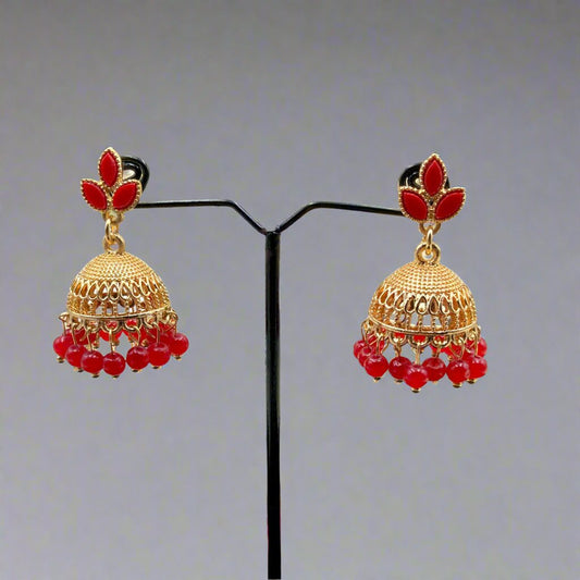 Red Floral Zircon Pearl Jhumka Earrings