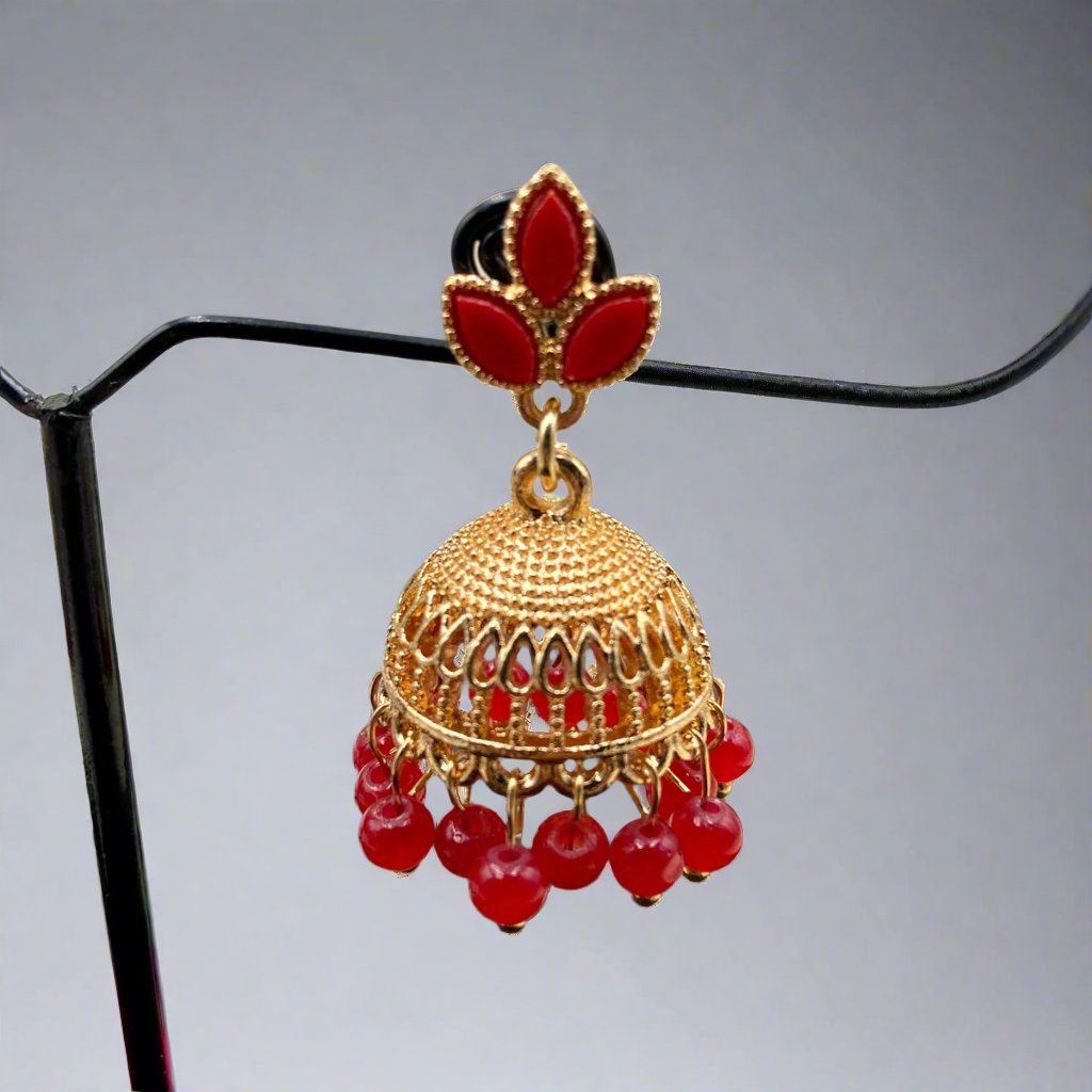 Red Floral Zircon Pearl Jhumka Earrings