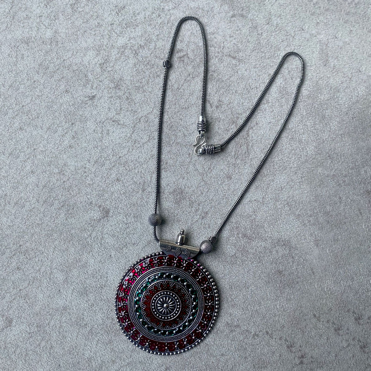 Round Gilet Metal Oxidised Pendant Necklace