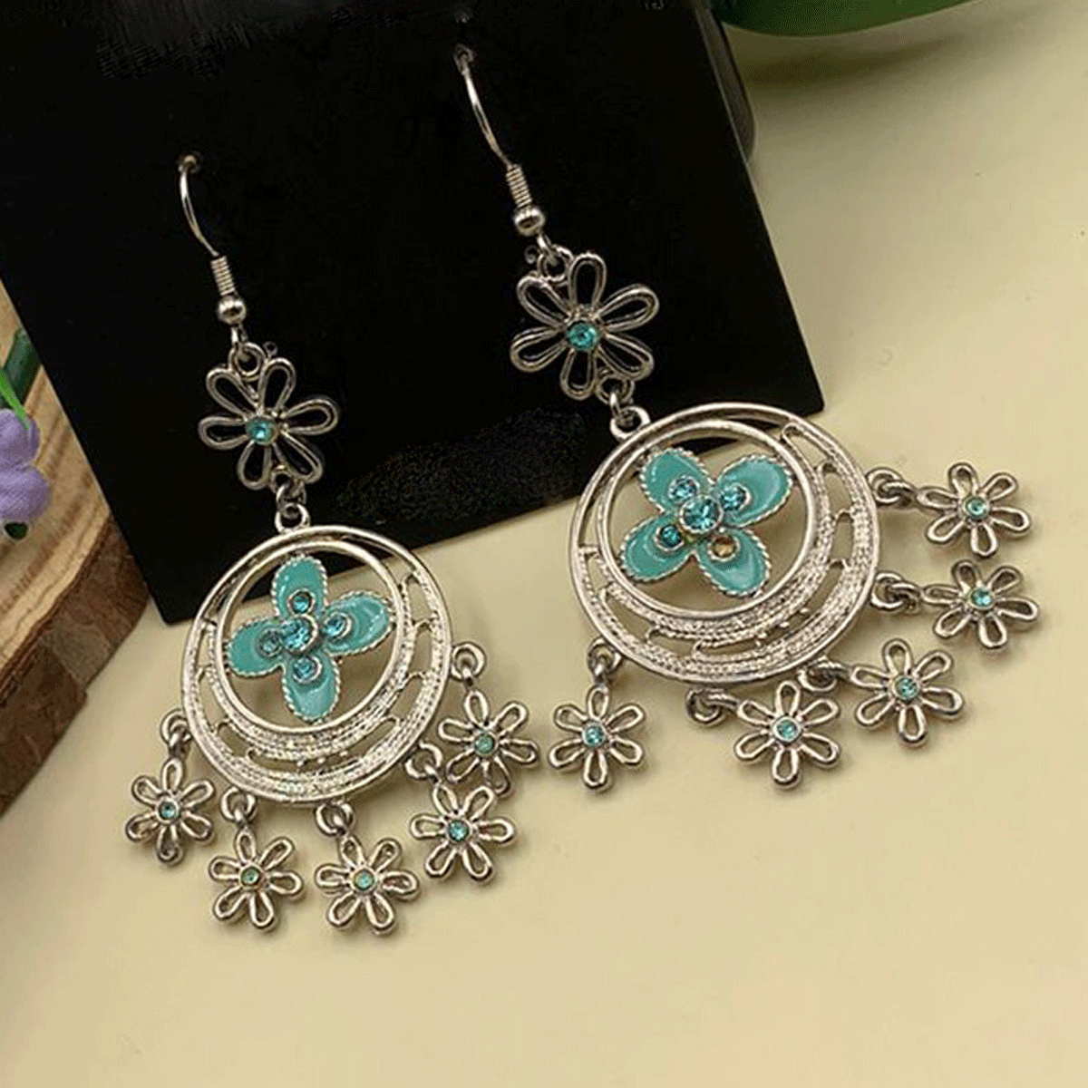 Floral Chandeliers Oxidised Earrings - Image 2