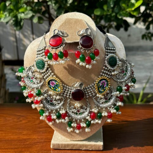 Gemstones Red German Silver Premium Oxidised Necklace