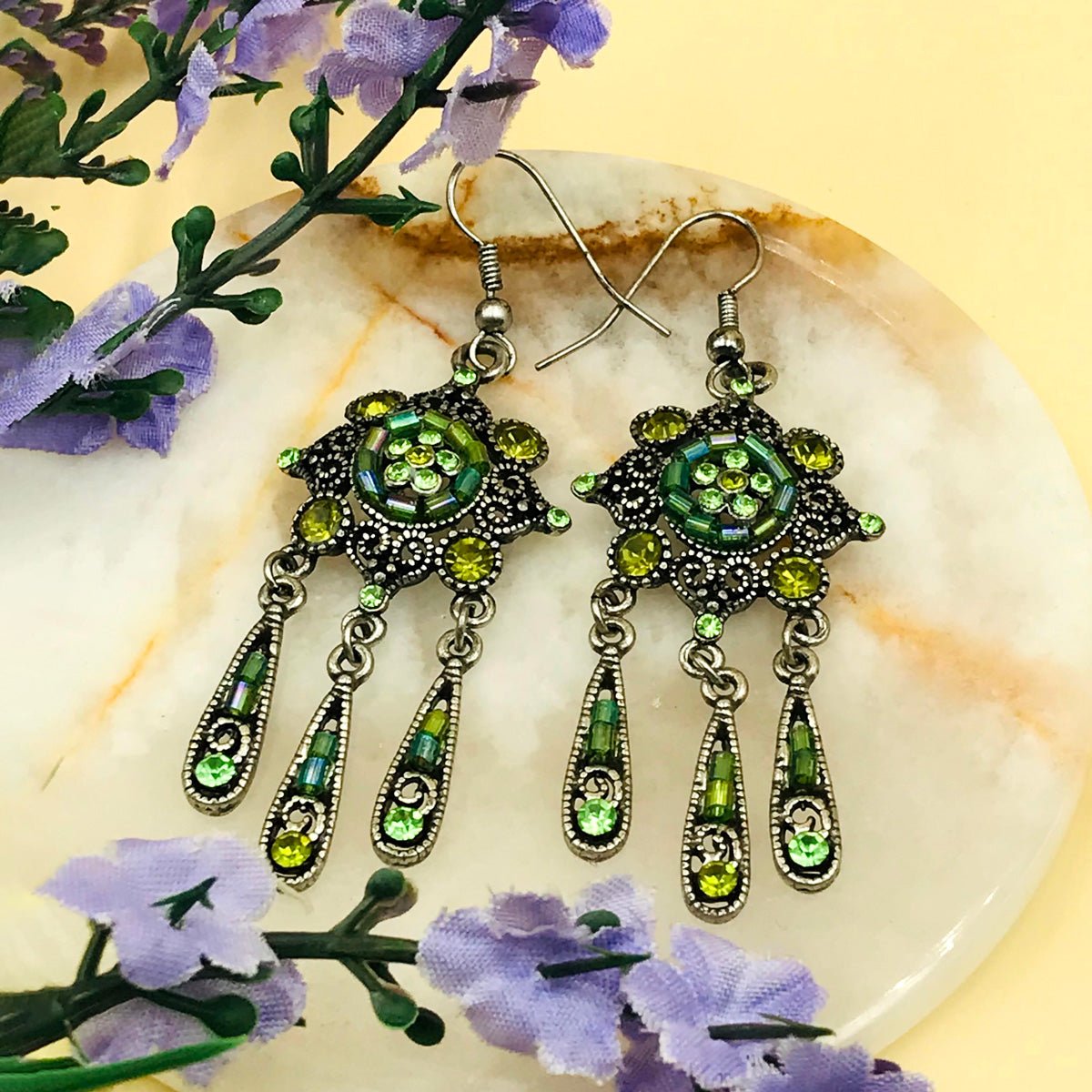 Green Drop Dangles Oxidised Earrings - Image 2