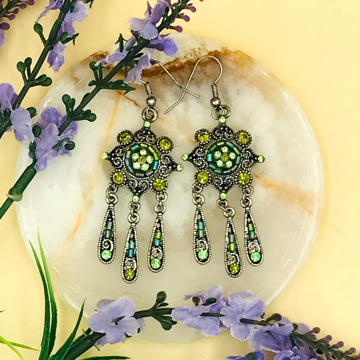 Green Drop Dangles Oxidised Earrings